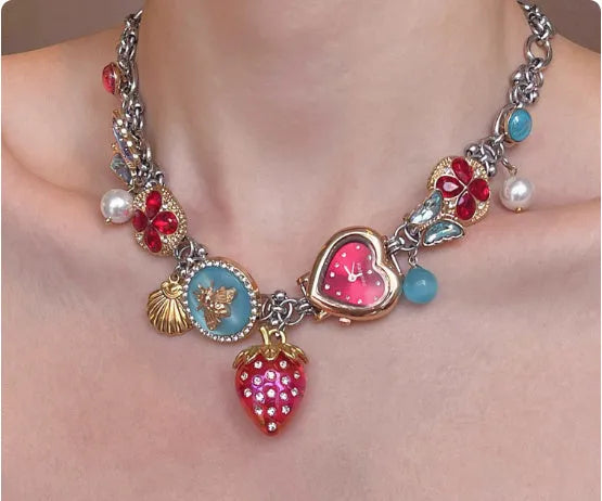 Red blue titanium steel necklace with strawberry clock and butterfly pendant