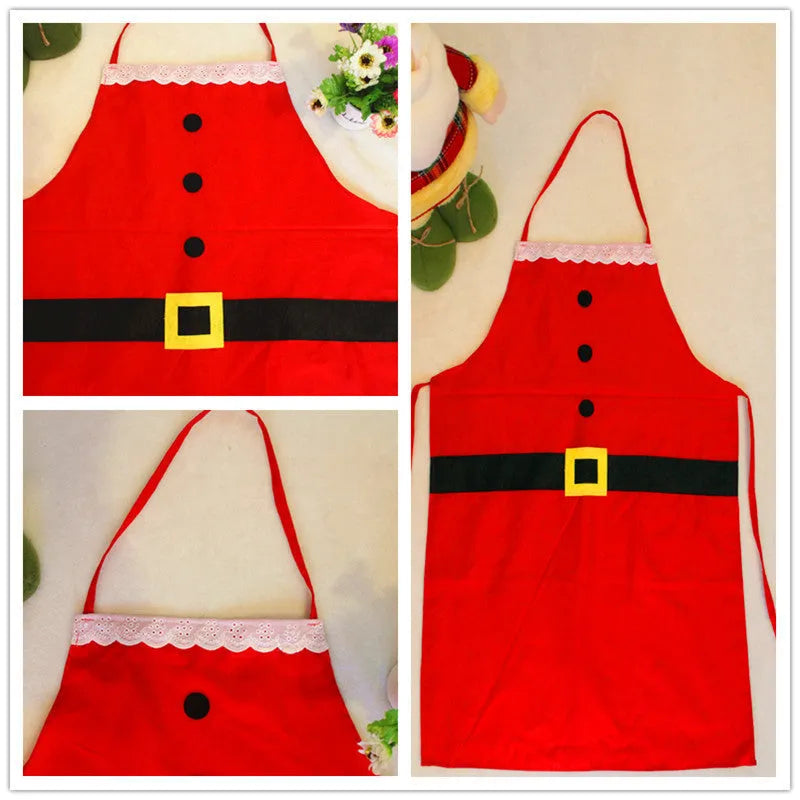 Red polyester Christmas apron shown in adult and children's sizes for festive kitchen use.
