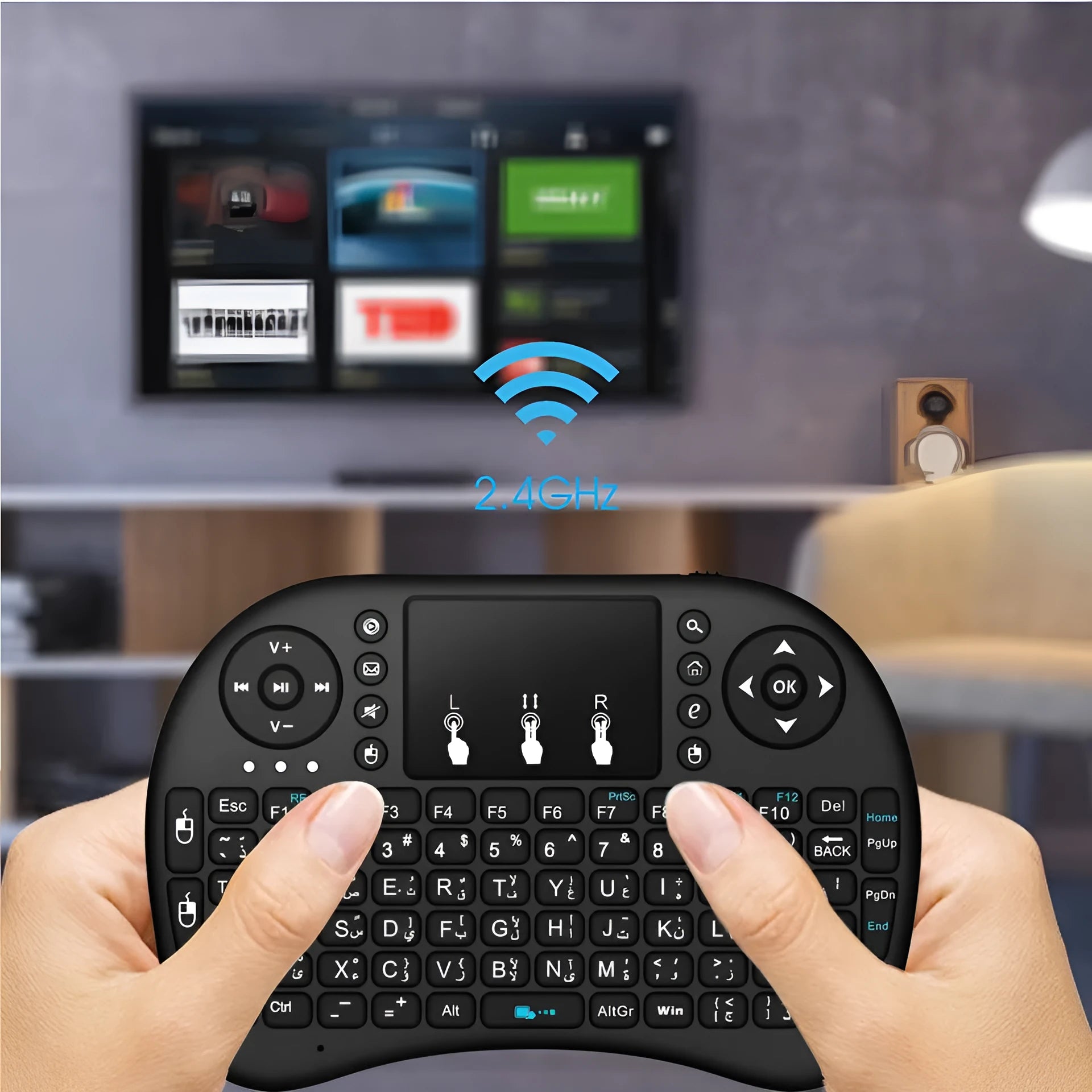 2.4G wireless mini air keyboard with touchpad, QWERTY layout, in black