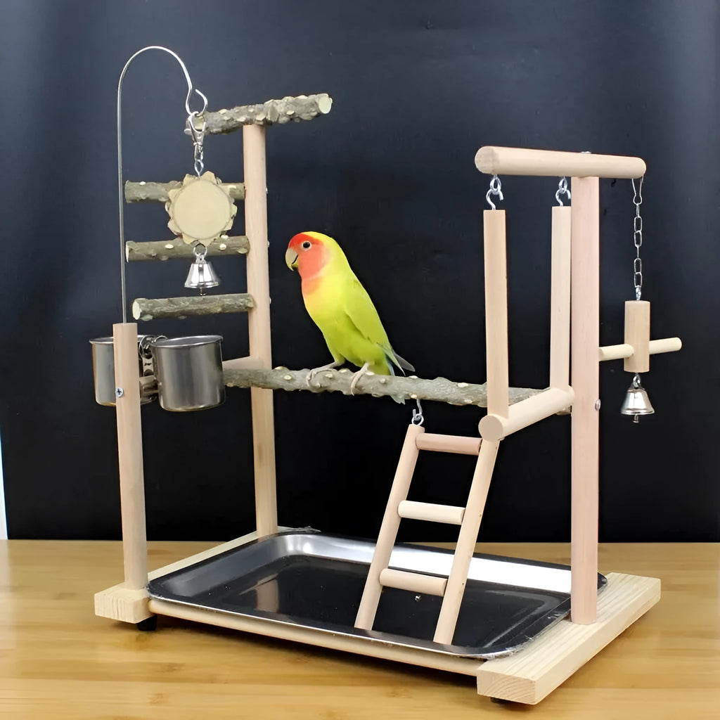 Pepper wood parrot toy stand with Xuanfeng Xiaotai design and tiger skin peony decoration