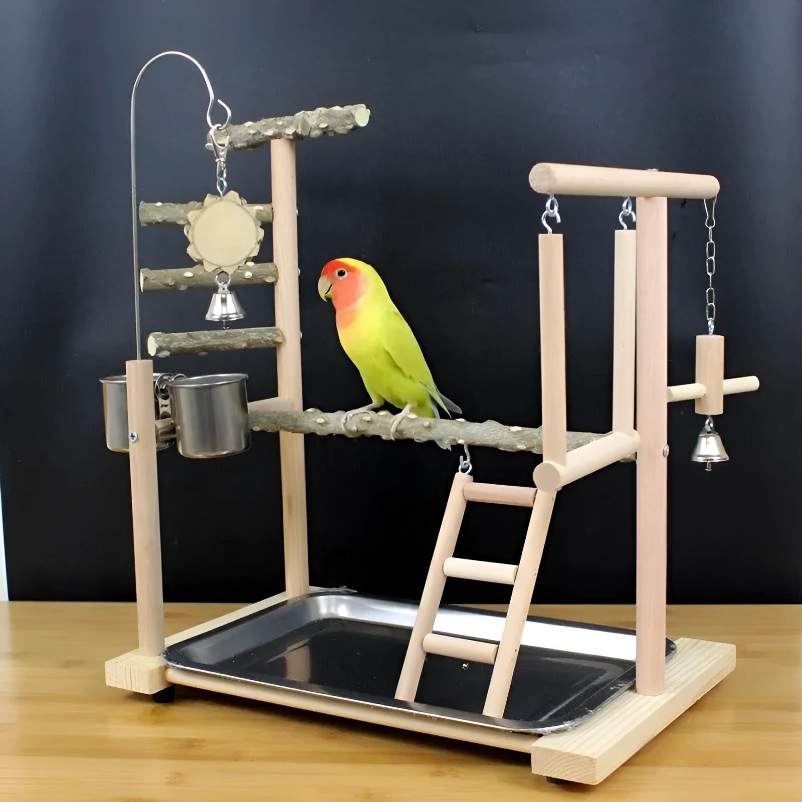 Pepper wood parrot toy stand with Xuanfeng Xiaotai design and tiger skin peony decoration
