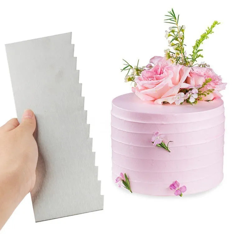 Stainless steel cake scraper with a polygonal pattern for texturing frosting, shown with six style options.