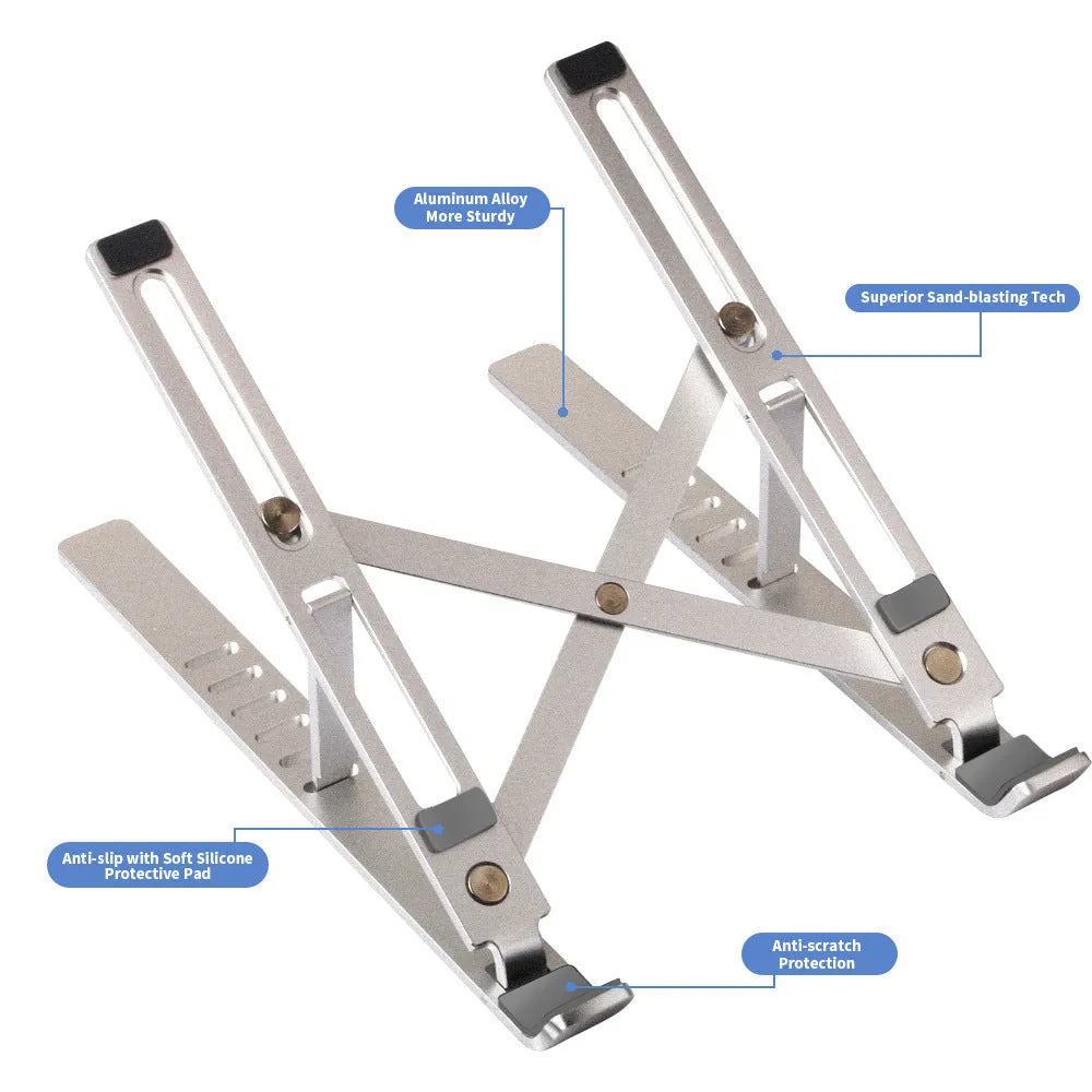 Silver aluminium laptop stand folded flat showing magnetic catch and adjustment gears