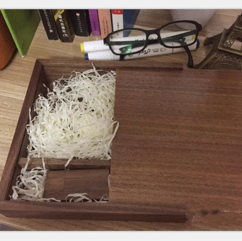 Wooden USB flash drive 32GB in Coffee or Khaki with large square wooden box, USB 3.0 package option shown