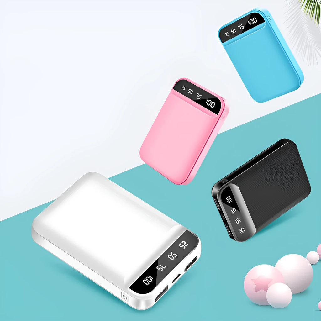 A compact rectangular power bank in a choice of colours with multiple USB ports on one side.