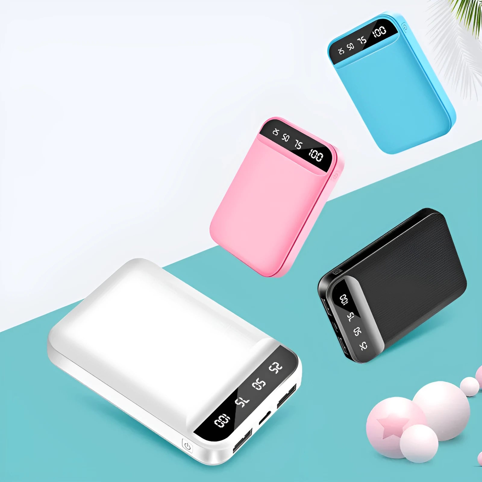 A compact rectangular power bank in a choice of colours with multiple USB ports on one side.