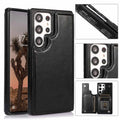 Solid colour double buckle PU leather phone case for Samsung with card slot and magnetic holder, black colour