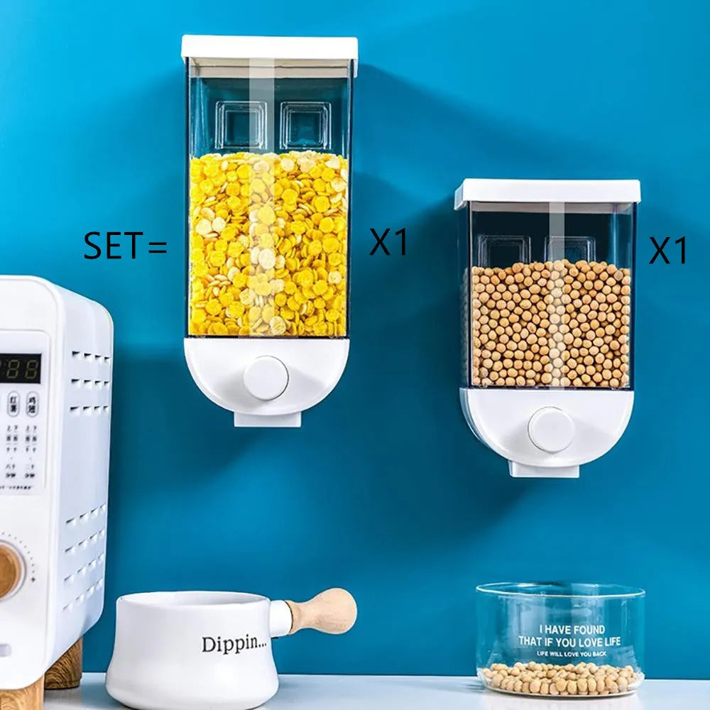 White wall-mounted transparent kitchen food storage container with easy-press cereal dispenser lid.