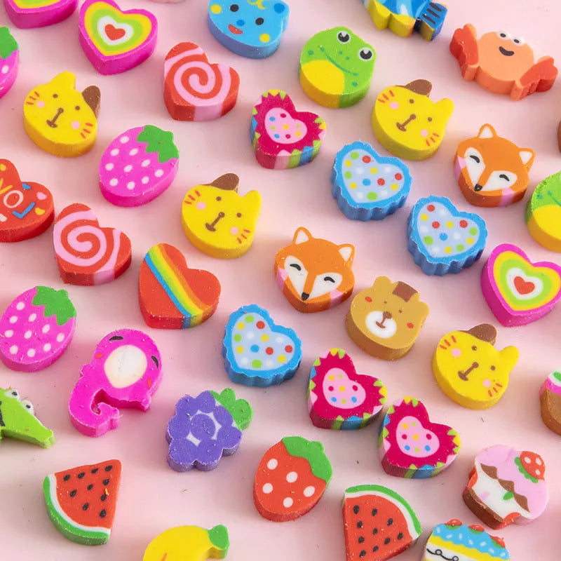 50 small colourful cartoon-themed TPR rubber erasers in a pearlescent film bag
