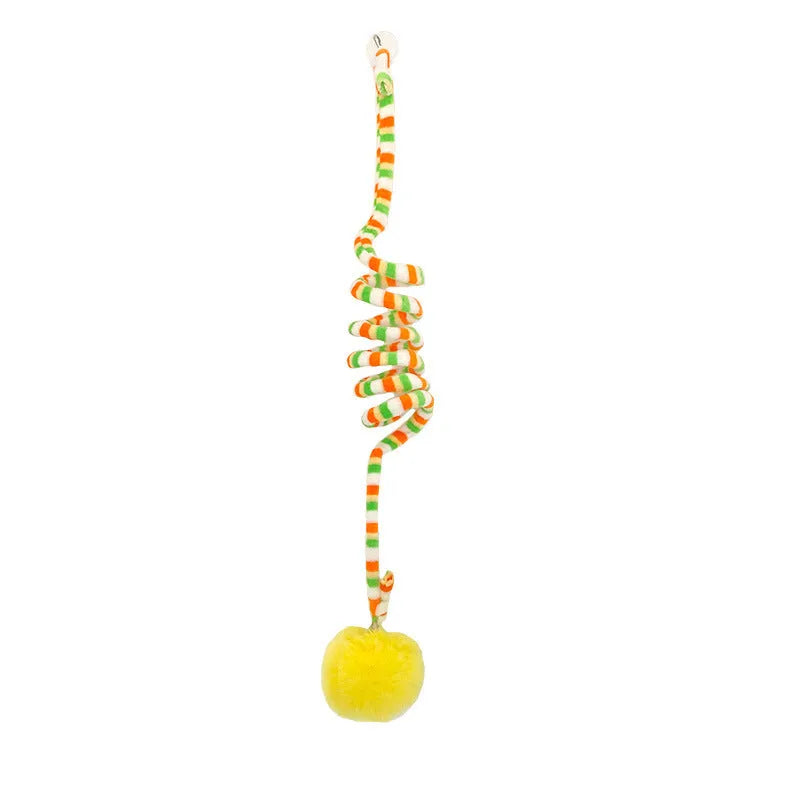 Hanging cat toy with coloured inflatable ball and suction cup attachment for doors and windows