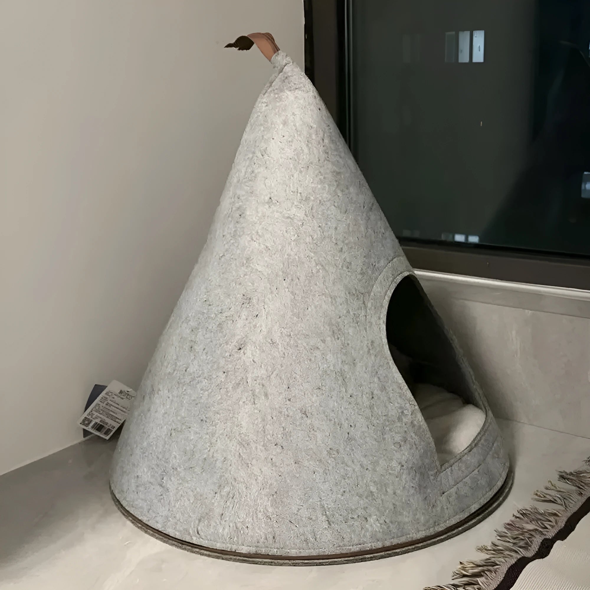 Grey handmade felt cone cat house with enclosed tent design for indoor cats