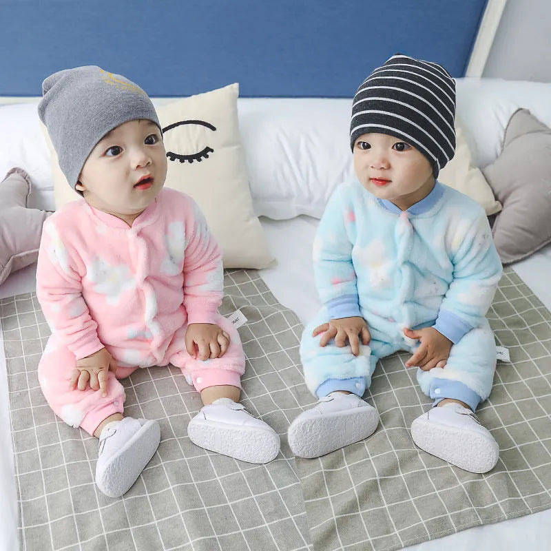 Long sleeve baby onesie romper in thicker flannel fabric with panda print design