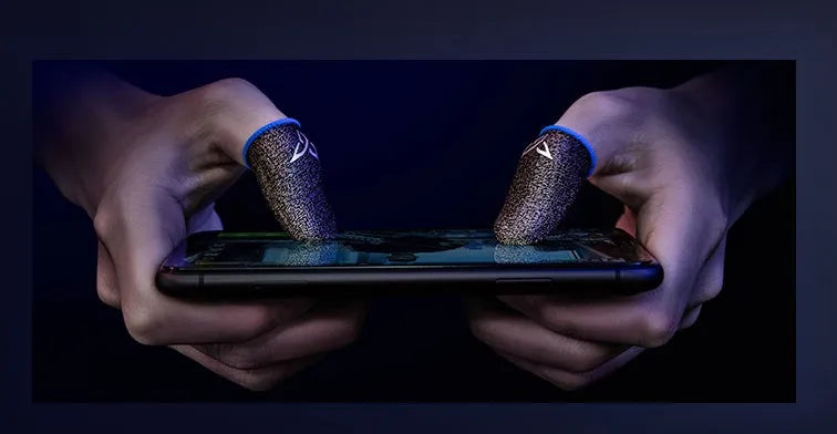 Green silver fibre gaming thumb sleeve with a reflective logo, designed for sweat absorption and improved controller grip.