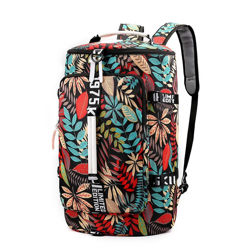 Lightweight nylon gym bag 18 inch 36-55 litre capacity black blue light grey maple leaf print