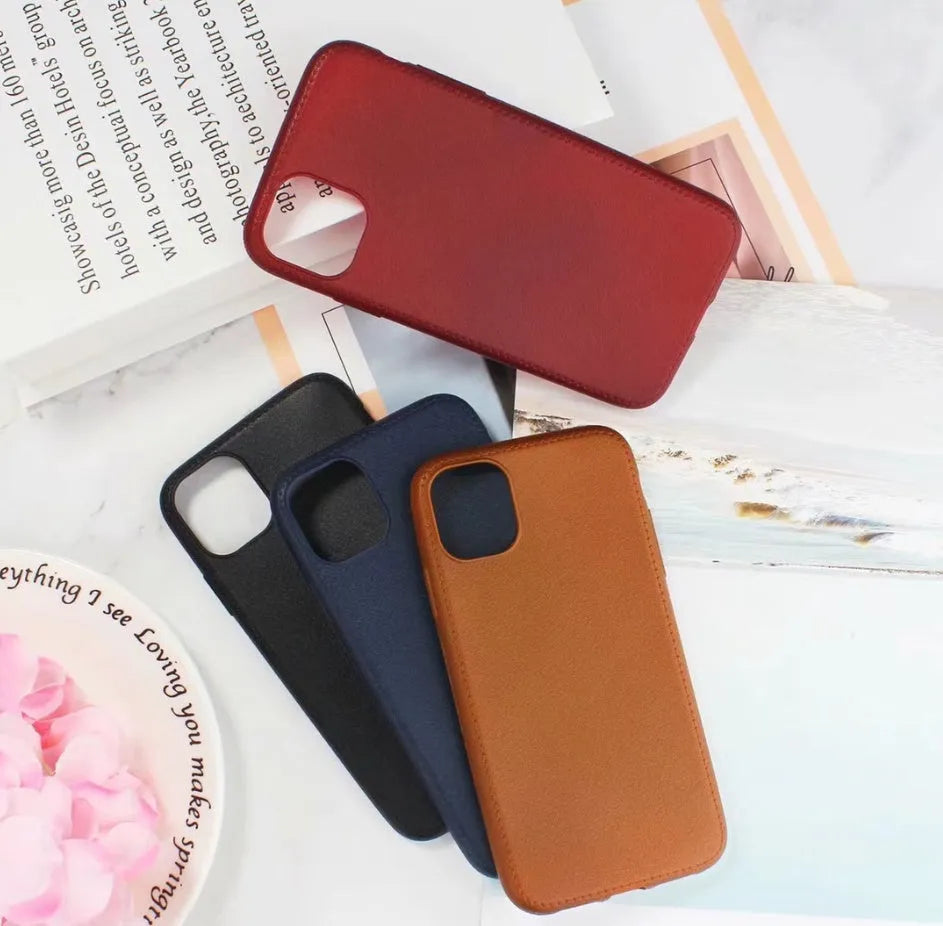 Leather finish TPU iPhone case in Black, Brown, Navy Blue or Wine Red with raised edges