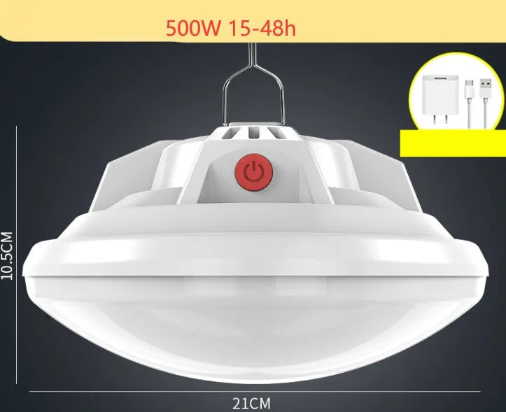 Solar-powered portable LED camp light with built-in 18650 battery for extended outdoor lighting.