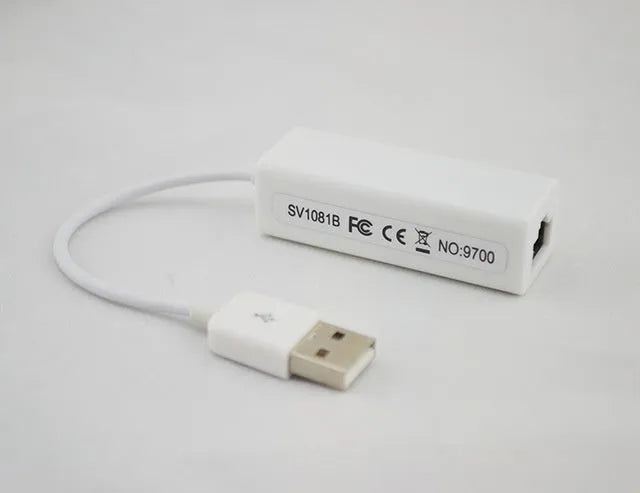 White USB to RJ45 Ethernet network adapter with micro USB connector and LED indicator