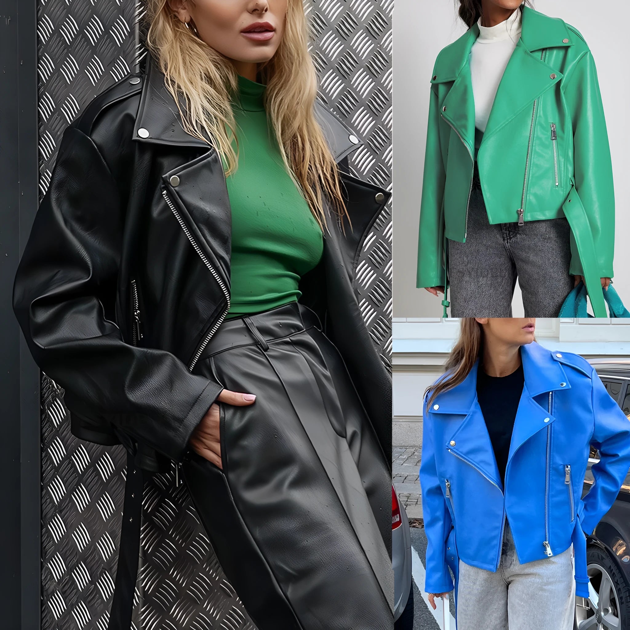 Black punk-style short jacket with a Peter Pan collar, pointed lapels, and a drawstring waist.
