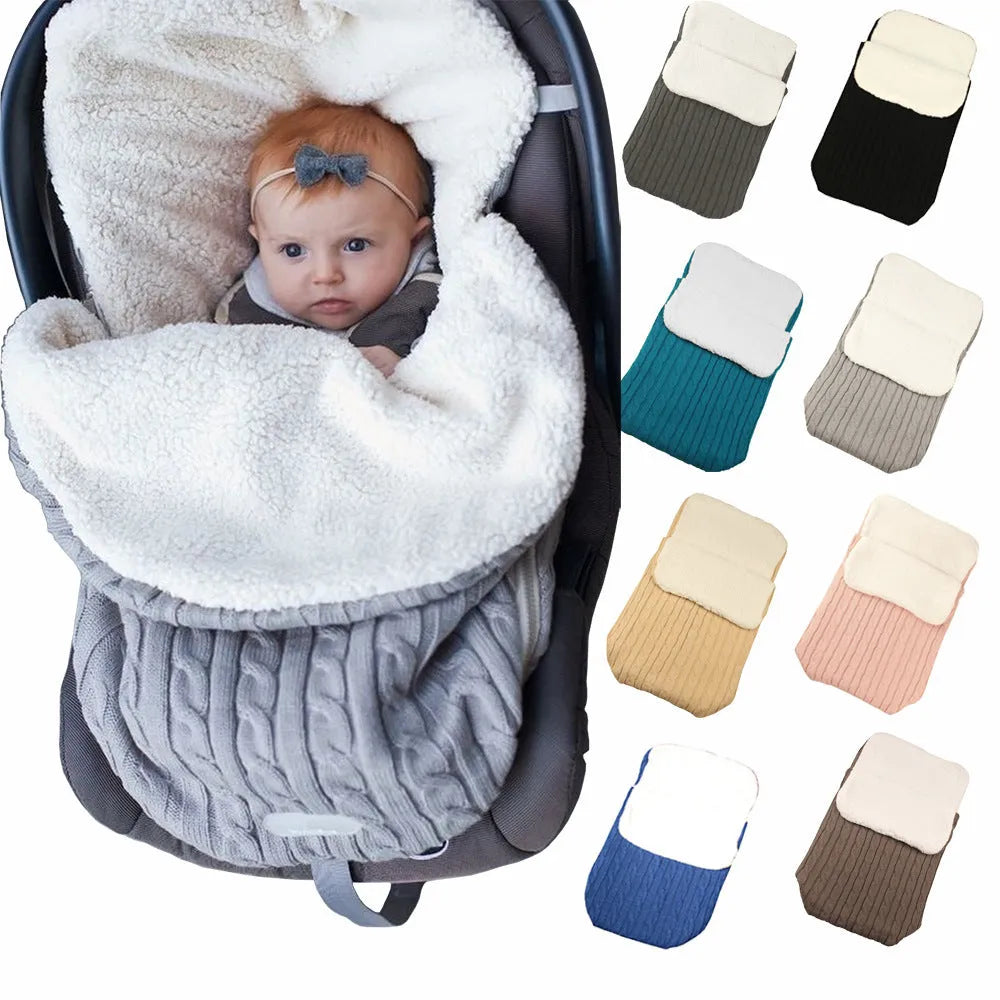 Baby stroller sleeping bag with envelope design in various colours showing lamb cashmere lining and cotton wool filling