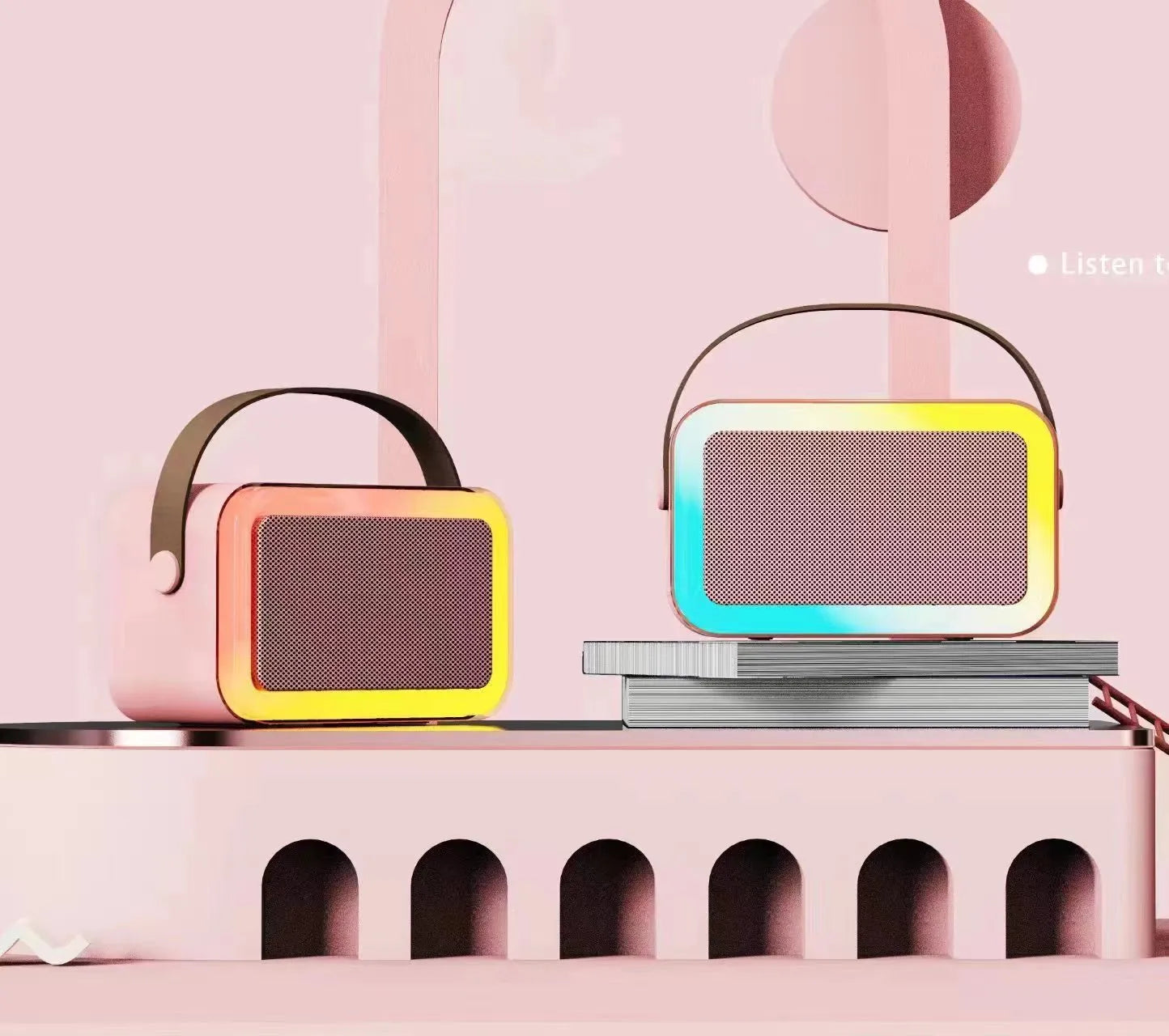 Pink, sky blue, and white portable Bluetooth karaoke microphone speaker with coloured LED lights.