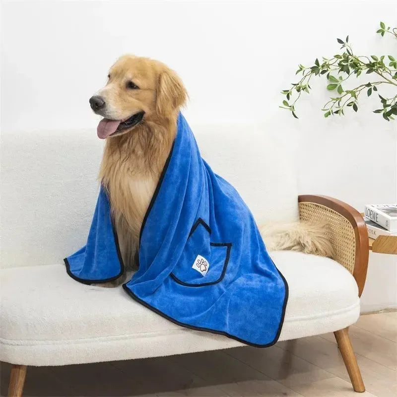 Dog bath towel with glove pocket in blue, brown, gray, green or pink, sizes L 130x70cm and M 100x50cm