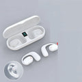 Black wireless Bluetooth earplug headset with charging case showing stereo earpieces