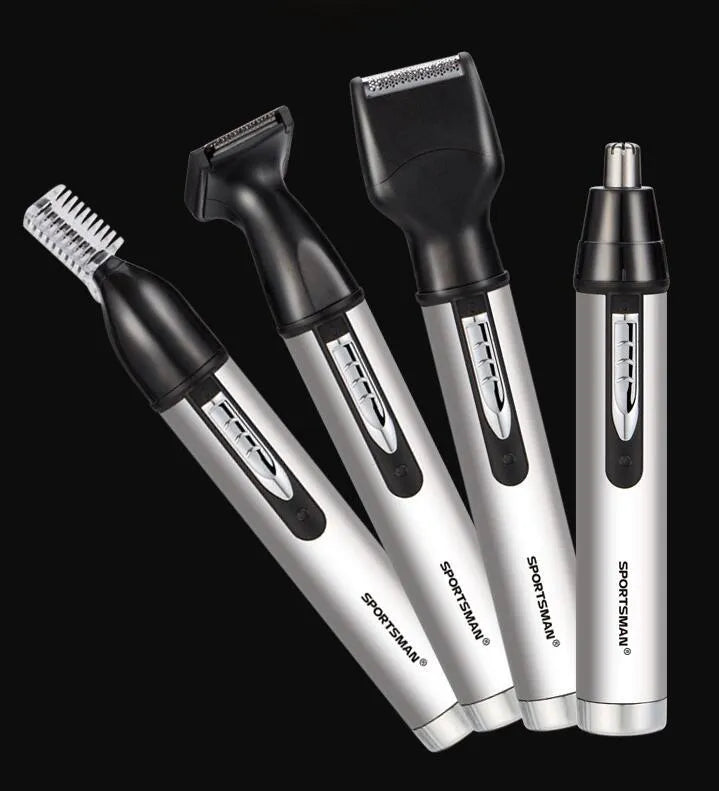 White male electric nose hair trimmer with charging base and four heads on a table