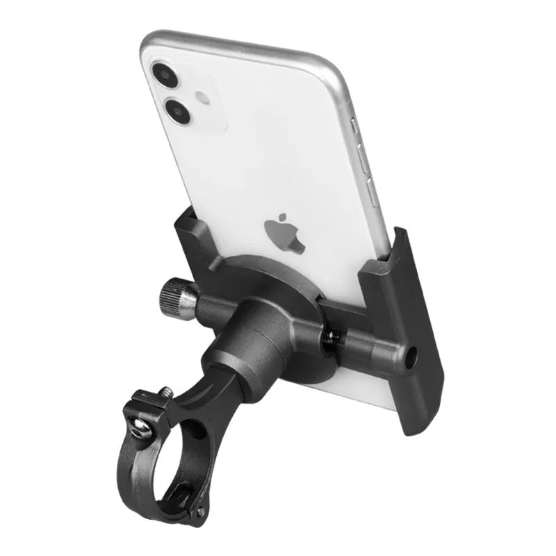 Aluminium alloy bicycle phone holder mounted on handlebars, showing adjustable clamp and phone grip.