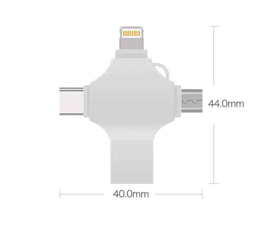 Silver metal 4-in-1 USB 3.0 flash drive with iOS, Micro USB, Type-C, and USB connectors for mobile phone and computer data transfer