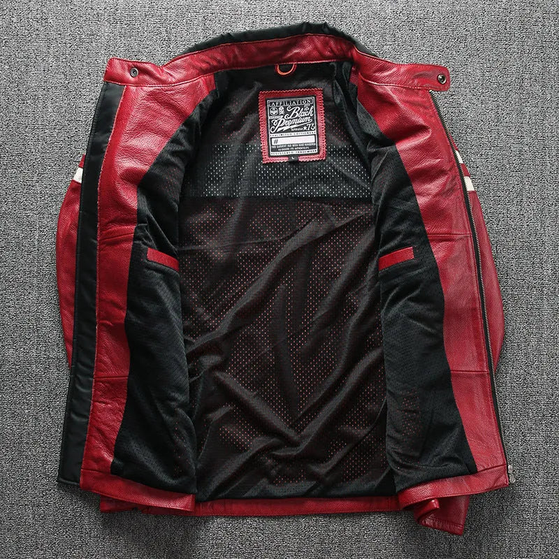 Black cowhide motorcycle leather jacket with stand-up collar and multiple front pockets, plain style, straight hem