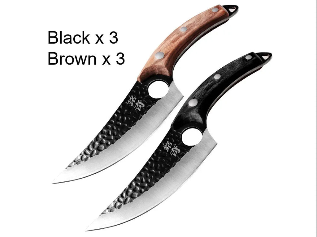 Butcher knife set with small curved scimitar and boning knife in leather sheath
