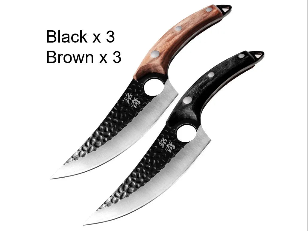 Butcher knife set with small curved scimitar and boning knife in leather sheath