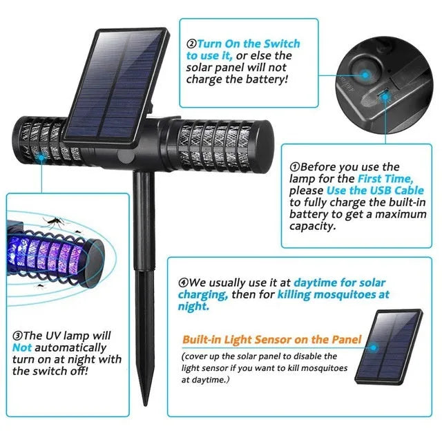Black outdoor solar rechargeable UV mosquito killer lamp with IP65 waterproof rating and 2000mAh battery