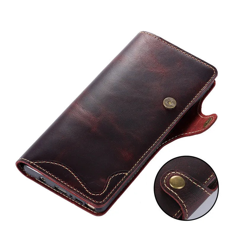 Handcrafted leather wallet case for Samsung Note 9 phone with built-in stand