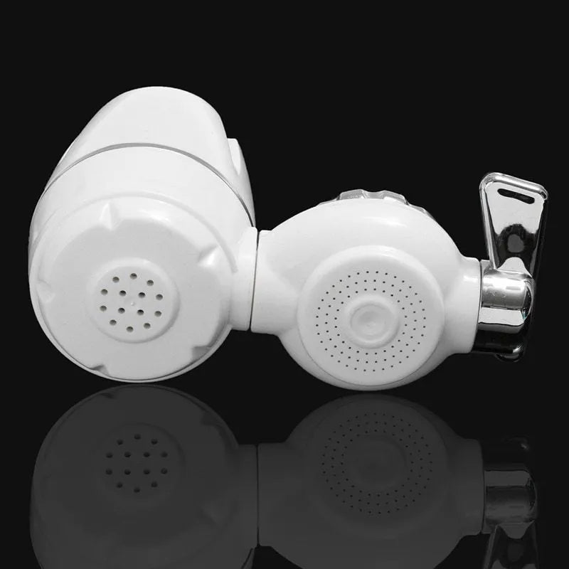 White kitchen faucet water filter with ceramic cartridge and universal thread adapters for tap mounting.