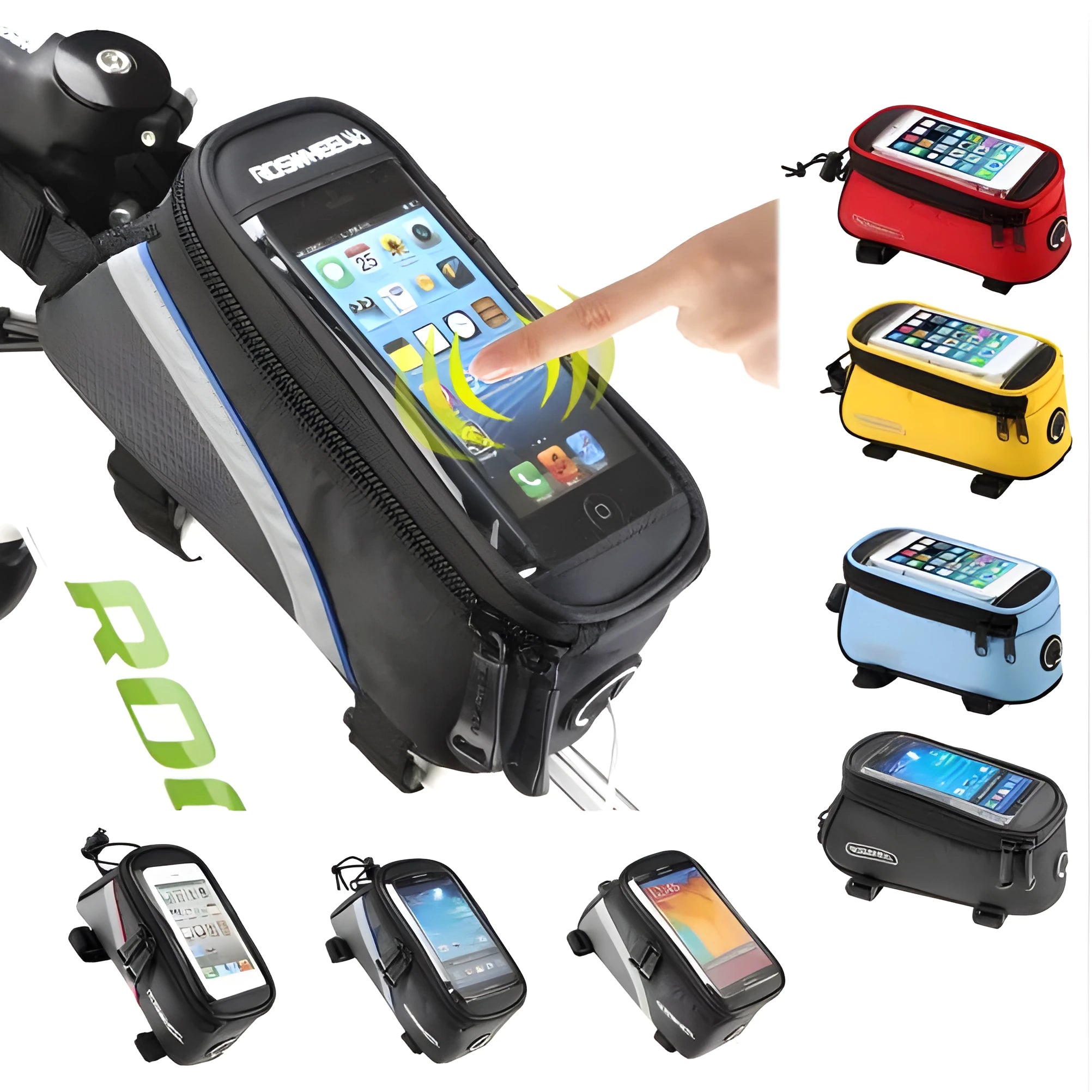 ROSWHEEL black PVC bicycle phone bag mounted on a bike frame, showing an iPhone inside.