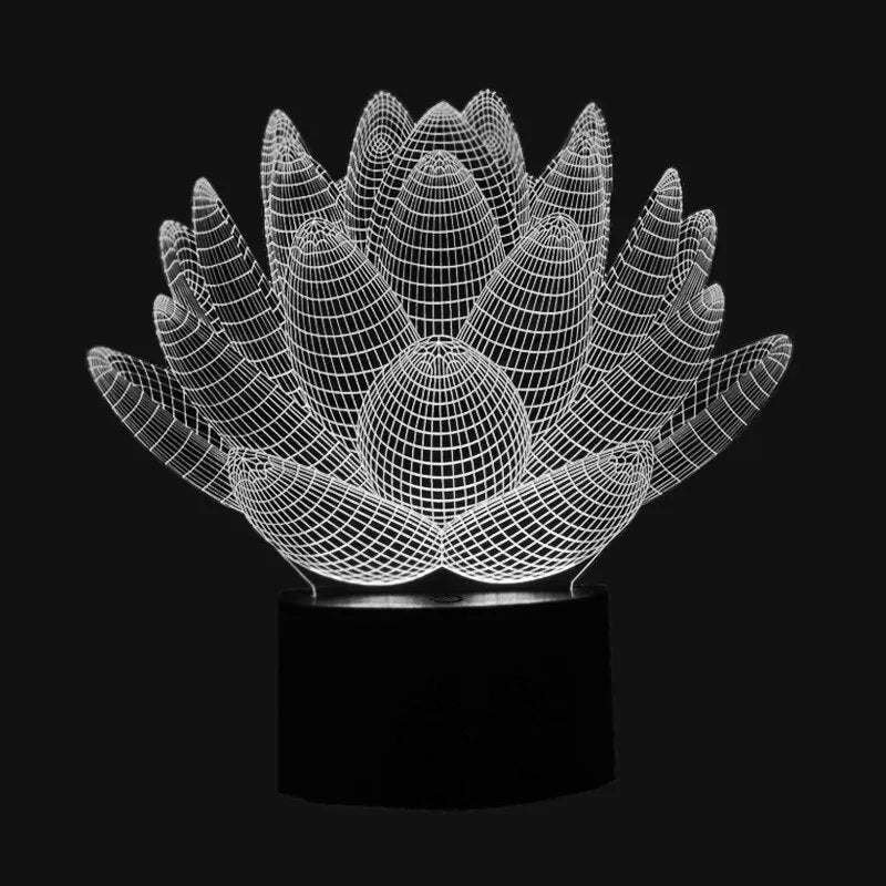 Lotus-shaped night light with acrylic shade and touch controls showing seven colour options