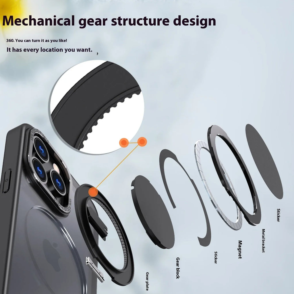 Gear 360 rotating bracket protective phone case in black for iPhone 14 showing bracket extended for hands-free viewing