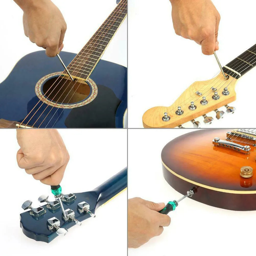 Black plastic guitar repair kit case open to show 16 chrome-plated steel tools including cutters, winders, and screwdrivers.