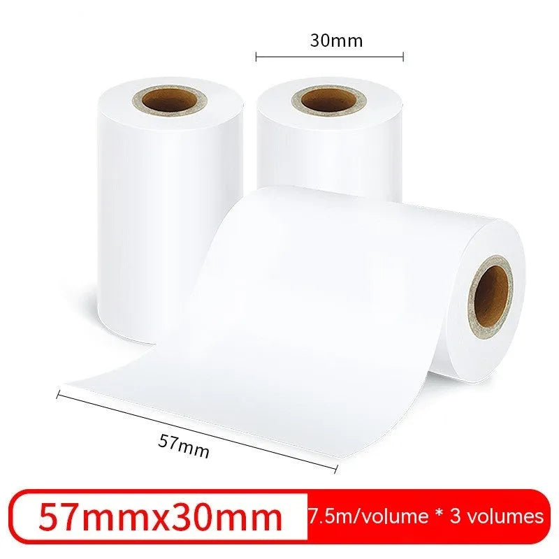 A box containing three rolls of white 57mm wide thermal paper for printers.