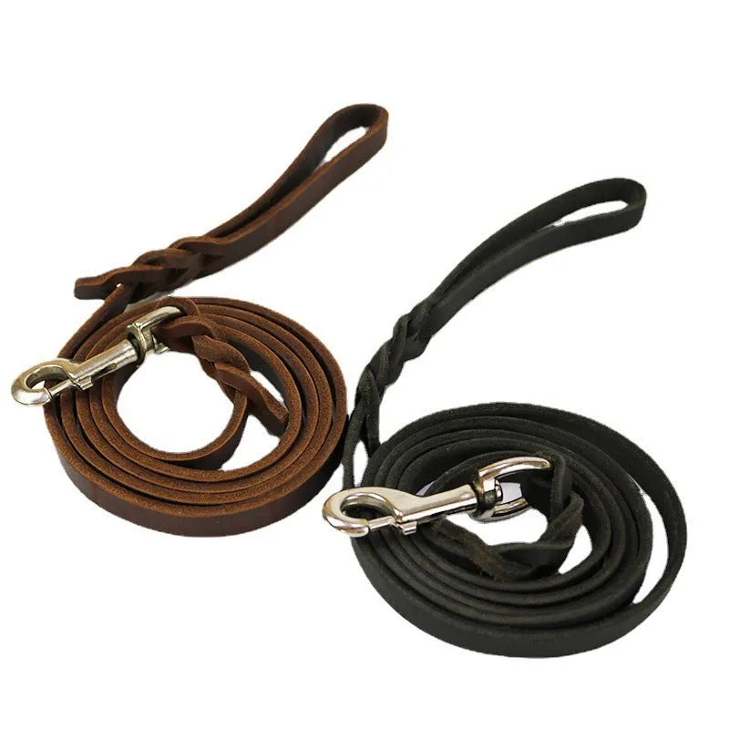 Light brown cowhide dog walking rope with leather hand loop, shown at full length.