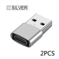 USB male to Type-C female adapter for charging and OTG connectivity in black or silver