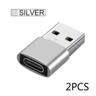 USB male to Type-C female adapter for charging and OTG connectivity in black or silver