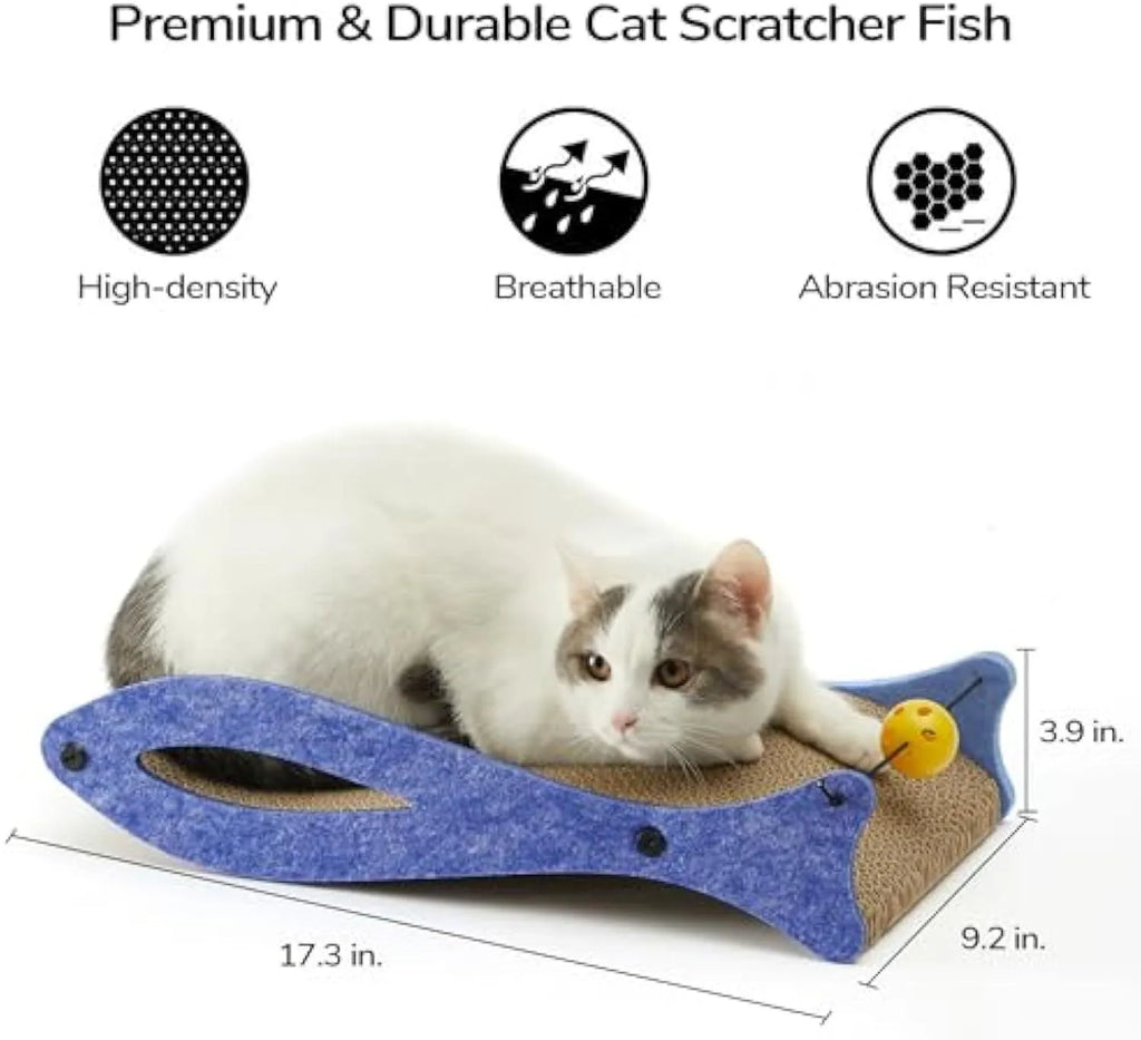 Blue fish-shaped cardboard cat scratcher lounge with a hanging red ball toy.