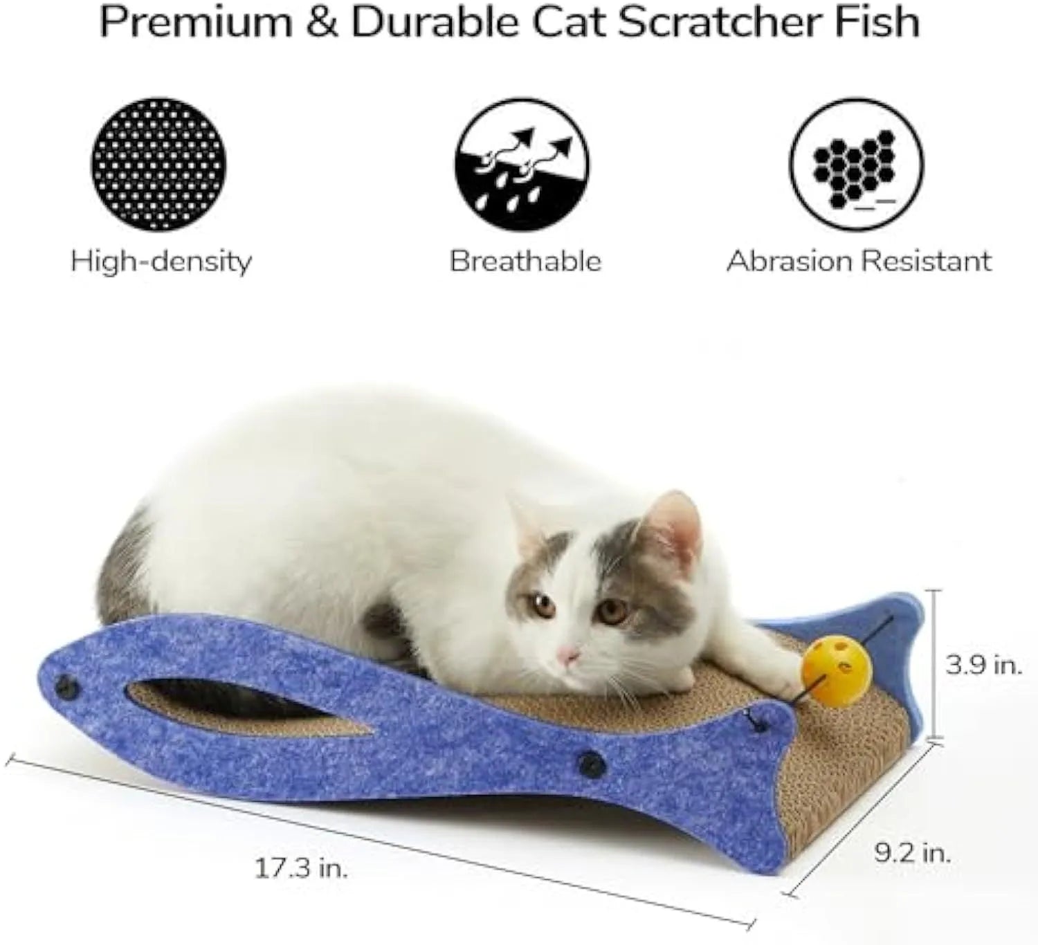 Blue fish-shaped cardboard cat scratcher lounge with a hanging red ball toy.