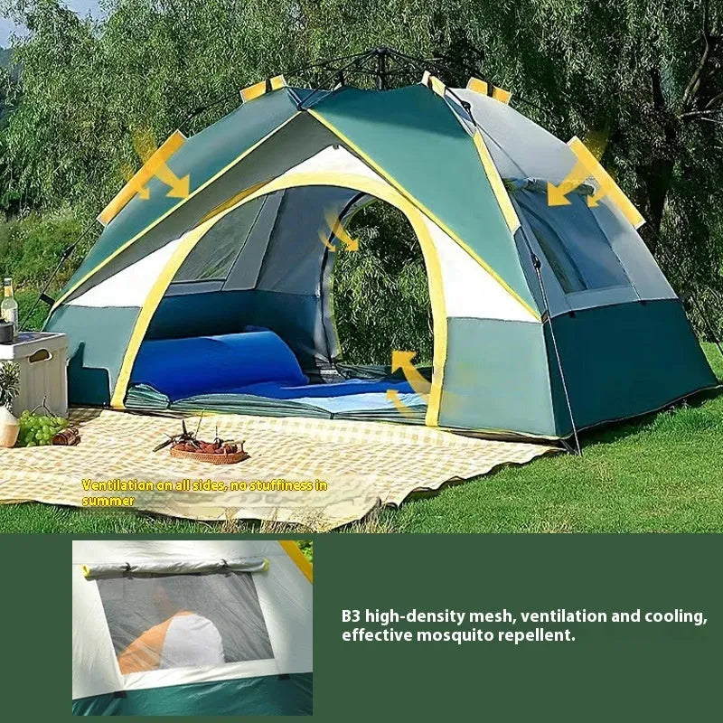 Dark green automatic quick-open dome tent for 3-4 people pitched in an outdoor setting.