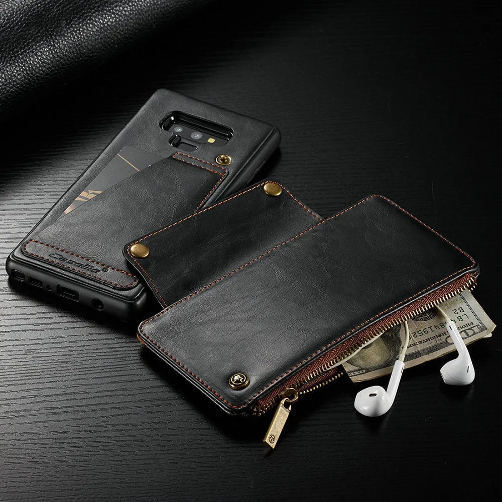 Black leather flip phone case open showing Samsung Galaxy Note9 phone inside