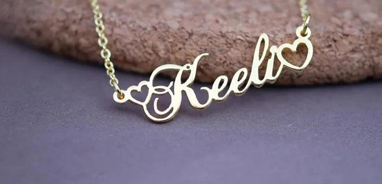 Custom women's name necklace with double empty heart pendant on 45cm stainless steel chain