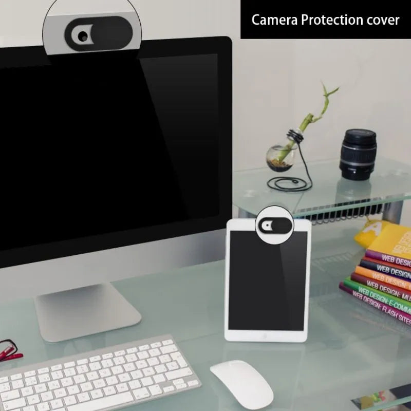 Plastic camera privacy cover for laptop tablet and mobile phone, 18.5mm x 9mm, black and white options