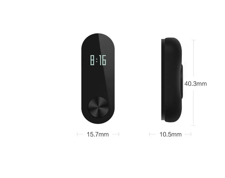 Xiaomi Mi Band 2 black fitness tracker with OLED screen on a wrist.